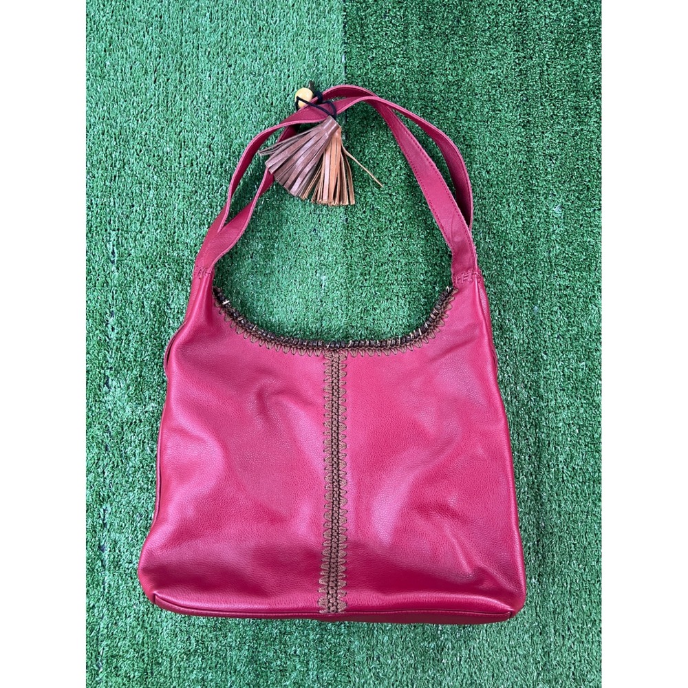 The Sak Red Leather Hobo Bag Whipstitch Tassel Boho Shoulder Purse